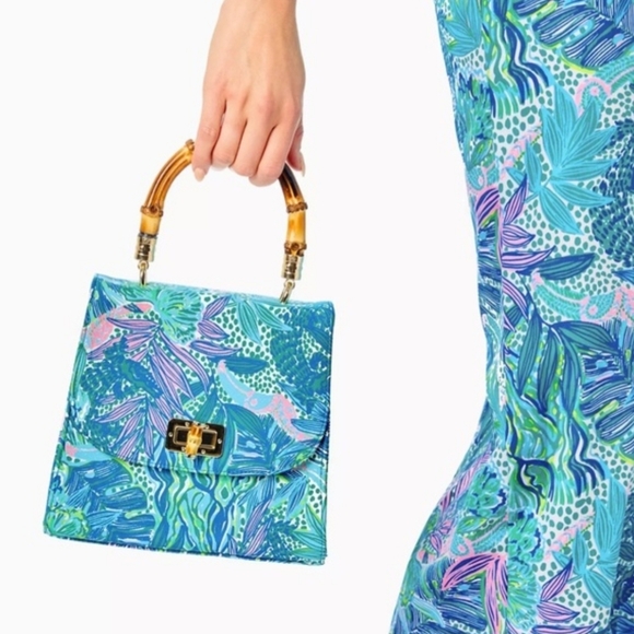 Lilly Pulitzer Limited Bamboo Holiday In the Sun Botanical Green Bag & Wallet - Picture 3 of 13